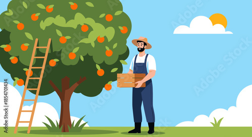 Professional farmer in overalls and a straw hat standing next to an orange tree with a wooden ladder and a crate of fresh citrus fruit.