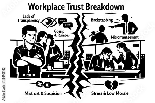 Illustration of workplace trust breakdown with causes like gossip and micromanagement