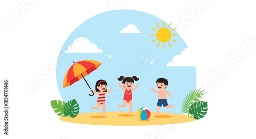 Three children wearing swimsuits playing happily on a sandy beach with a colorful ball and a striped umbrella.