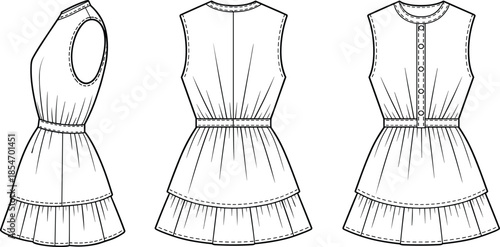 Tiered sleeveless dress technical illustration set, front, back, side views, button placket, ruffled hem, black outline, isolated