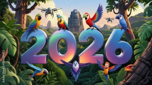 2026 New Year with Toucans and Ancient Ruins jungle