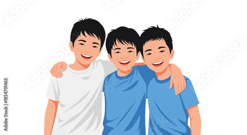 Three young Asian brothers or friends smiling and hugging each other with arms around shoulders while posing against a white background.