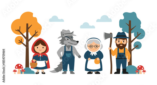 Group of classic fairytale characters including Little Red Riding Hood, the big bad wolf, grandmother, and woodcutter.