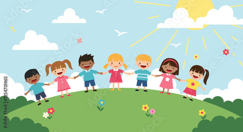 Diverse group of multiethnic children holding hands and standing in a long line on a green hill under a bright yellow sun and blue sky.