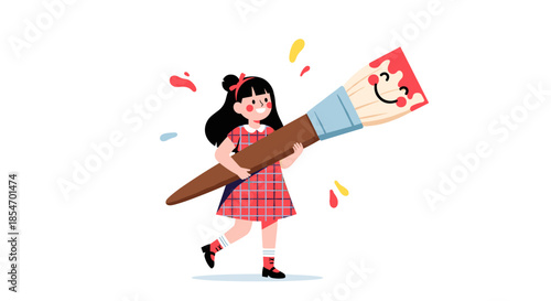 Happy little girl in a plaid dress carrying a giant paintbrush with a smiling face and red paint.