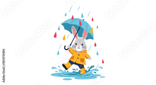 Adorable cartoon bunny rabbit wearing a yellow raincoat and boots walking through puddles with a blue umbrella on a rainy spring day.