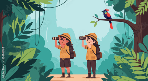 Two young children in safari outfits looking through binoculars in a lush tropical jungle with a bird.