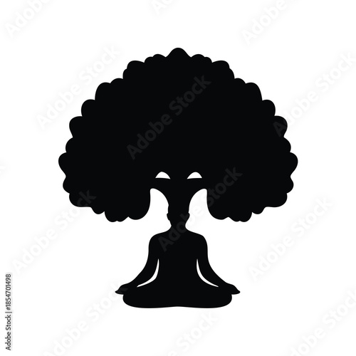 Silhouette of meditating person merged with a tree representing inner peace and growth
