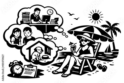Woman on beach vacation stressed by work, family, and pet responsibilities
