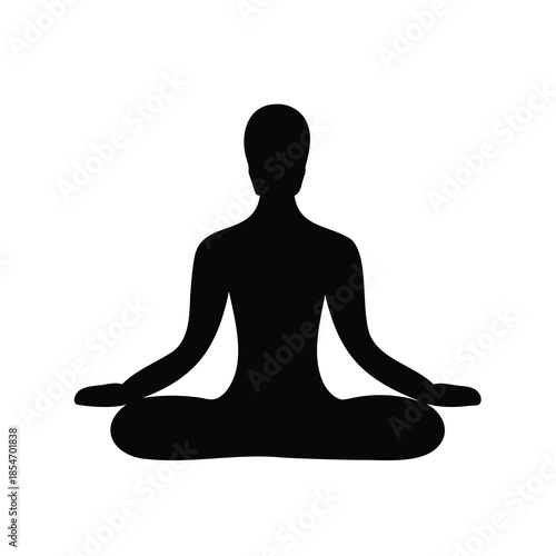 Silhouette of a person meditating in a lotus position on a white background