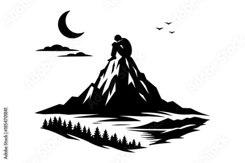 Silhouette of a lone person contemplating on a mountain peak under the crescent moon