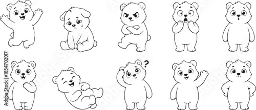 Cute cartoon bears in various poses and facial expressions illustrated on white background