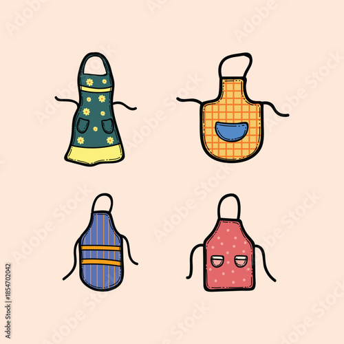 Four Playful Aprons Floral, Plaid, Stripes and Dots in Cheerful Kitchen Design