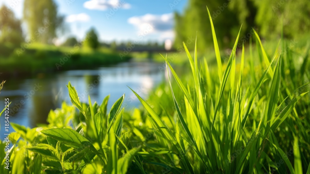 Fototapeta premium Lush Green Grasses by Tranquil River Under a Bright Sky in Nature's Scenic Landscape
