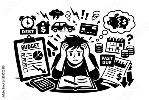 Stressed person overwhelmed by financial problems, debt, and budget planning