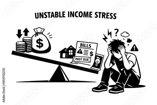Man stressed by unstable income and mounting bills, illustrated with a seesaw balancing money against expenses