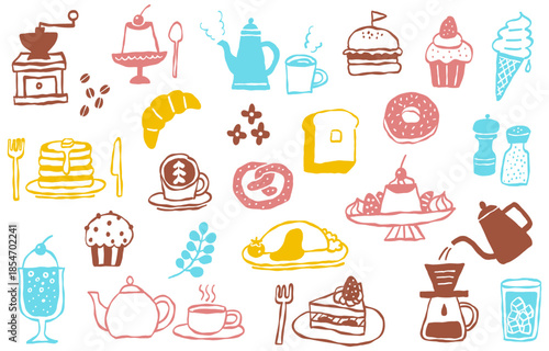 Pop color hand-drawn cafe menu and sweets illustration set