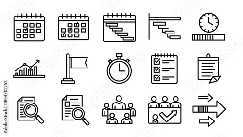Business project management icons set for planning and strategy.