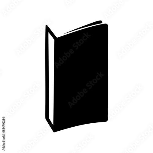 Simple black silhouette of an open book standing upright on a white background