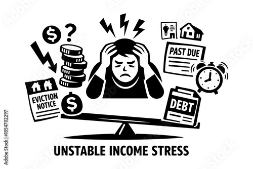 Person overwhelmed by financial stress with debt, eviction notice, and past due bills