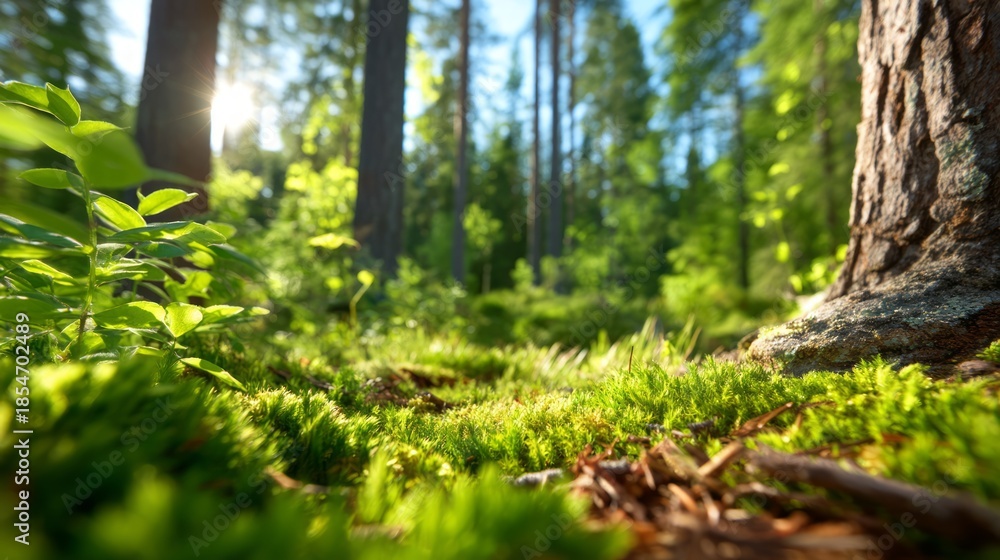 Obraz premium Serene Nordic Forest Edge with Tall Pine Trees, Mossy Ground, and Gentle Sunlight