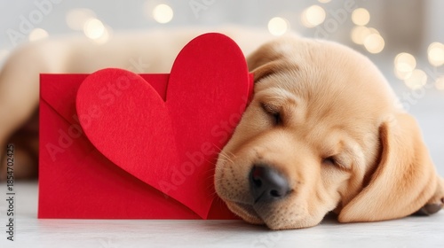 Valentine’s Day with pet Concept. Sleeping puppy with a red heart envelope on a cozy surface.