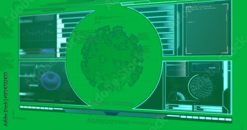 Animation of covid 19 cell and medical data processing on screen