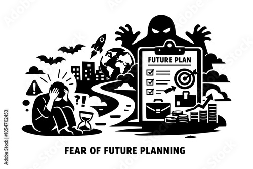 Anxiety about future planning is represented by a stressed person and a looming monster