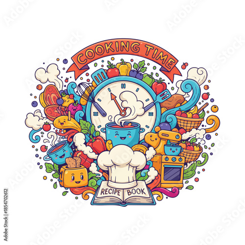 Chef presenting recipe breakdowns on a digital device in a kitchen setting illustration