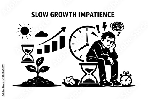 Frustrated man waiting for slow business growth, symbolizing impatience and time passing