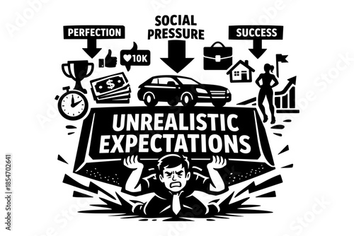 Man crushed by unrealistic expectations including success, perfection, and social pressure