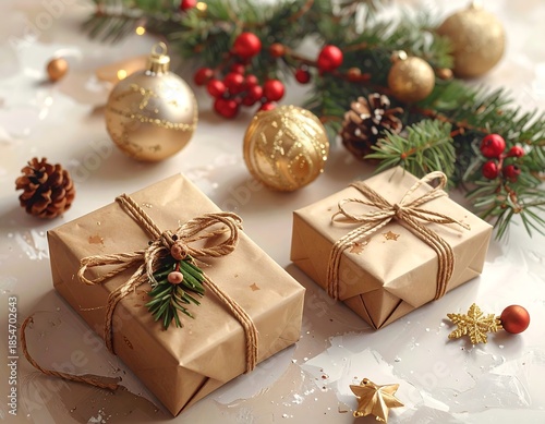 Festive holiday gifts and ornaments, natural details