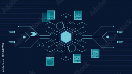 Futuristic cyber technology background with glowing hexagon core and digital data network ideal for ai blockchain security analytics programming and modern tech visuals
