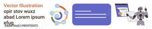 Automation tools, data analysis, digital services, AI-driven systems, technology adoption, future tech. Robot interacting with digital invoice and data points. Automation tools and data analysis