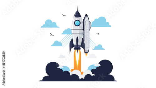 Cartoon rocket launching into sky with fire and smoke.