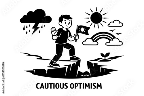 Boy with flag crosses chasm between storm and sun with rainbow, representing cautious optimism