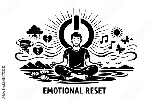 Man meditating in lotus pose with power button symbol and nature elements
