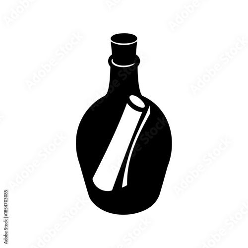 Monochrome vector illustration of a bottle containing a rolledup message inside