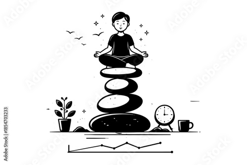 Person meditating on stacked stones, symbolizing balance, peace, and mindfulness