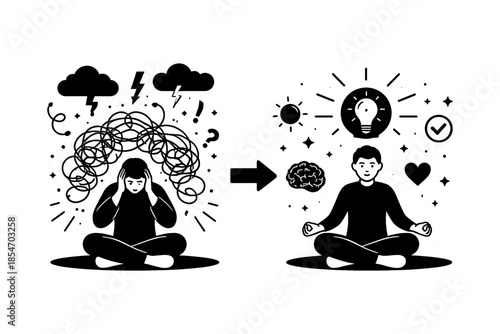 From mental chaos to clarity and peace, illustrating a journey of self-improvement