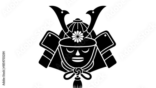 Monochromatic graphic concept illustrating an ancient Japanese samurai helmet and protective facial armor, symbolizing warrior tradition, honor, and historical legacy in a striking emblem