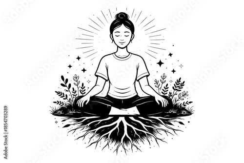 Woman meditating in lotus pose with roots and plants, symbolizing grounding and growth