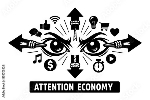 Attention economy concept with eyes and icons representing distractions and focus