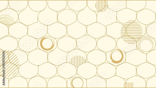 Elegant Golden Hexagonal Pattern with Abstract Circular Elements on a Cream Background
