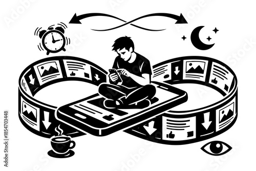 Man engrossed in smartphone, trapped in endless digital content loop day and night