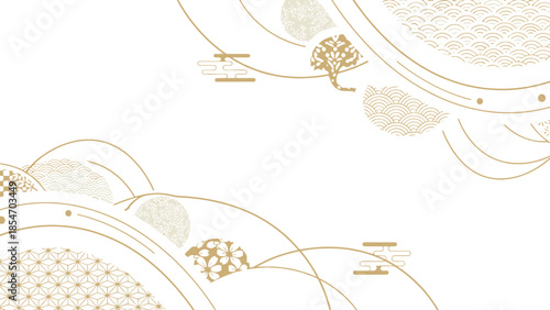 Golden abstract background with traditional Japanese wave patterns, elegant clouds, and stylized nature motifs, perfect for refined cultural designs and peaceful concepts