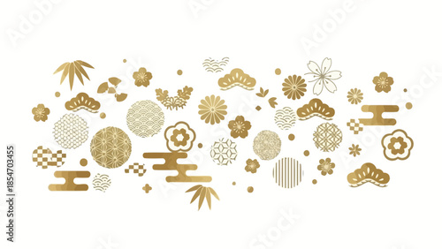 Elegant golden Japanese traditional motifs stylized blossoms, fans, pine, and intricate geometric patterns. A versatile decorative graphic element for cultural designs and festive celebrations
