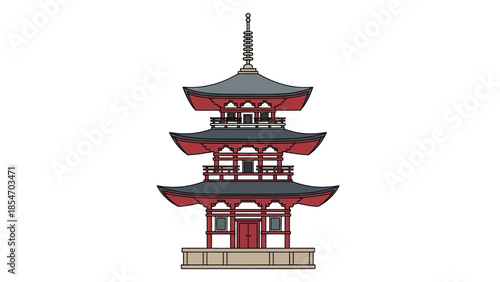 Traditional Japanese Pagoda Building with Red and Gray Accents on a White Background, Architectural Landmark
