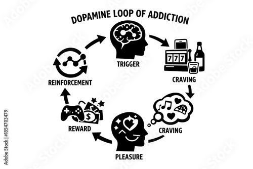 Dopamine loop of addiction cycle diagram with trigger, craving, pleasure, reward, and reinforcement