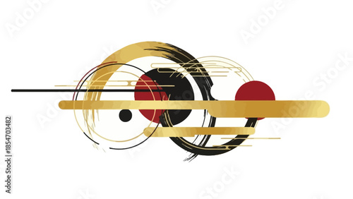 Abstract Geometric Design with Gold, Black, and Red Circles and Lines on White Background